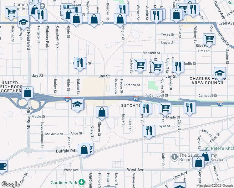 map of restaurants, bars, coffee shops, grocery stores, and more near 692 Campbell Street in Rochester