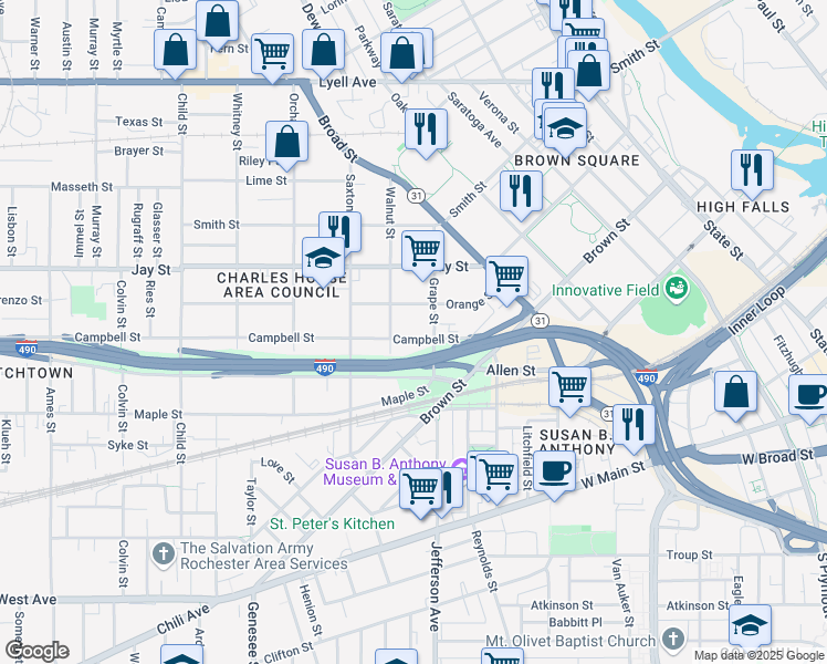 map of restaurants, bars, coffee shops, grocery stores, and more near 98 Campbell Street in Rochester