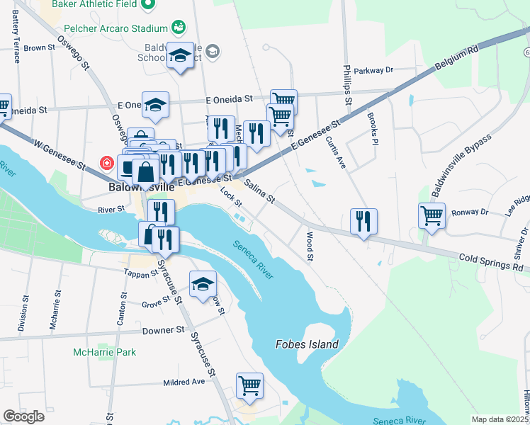 map of restaurants, bars, coffee shops, grocery stores, and more near 23 Salina Street in Baldwinsville