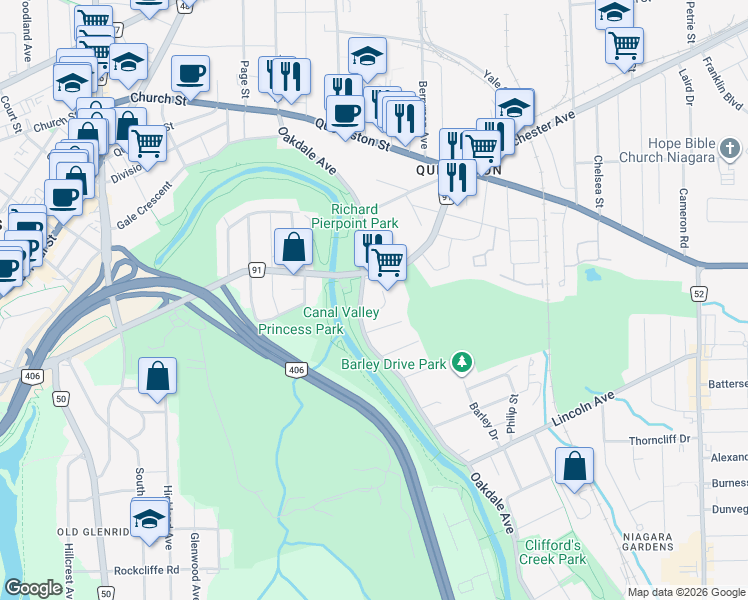 map of restaurants, bars, coffee shops, grocery stores, and more near in St. Catharines