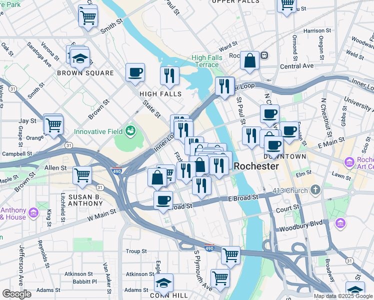 map of restaurants, bars, coffee shops, grocery stores, and more near 120 State Street in Rochester