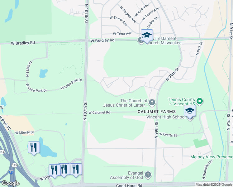 map of restaurants, bars, coffee shops, grocery stores, and more near 10300 West Fountain Avenue in Milwaukee