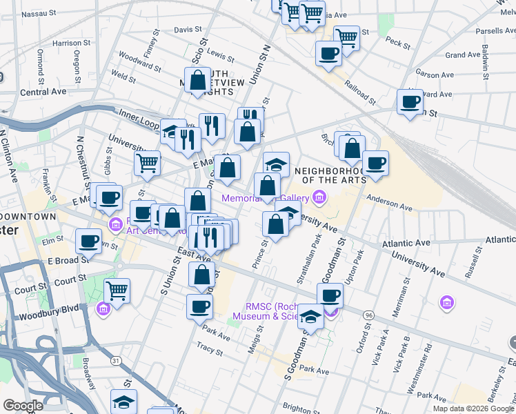 map of restaurants, bars, coffee shops, grocery stores, and more near 399 University Avenue in Rochester