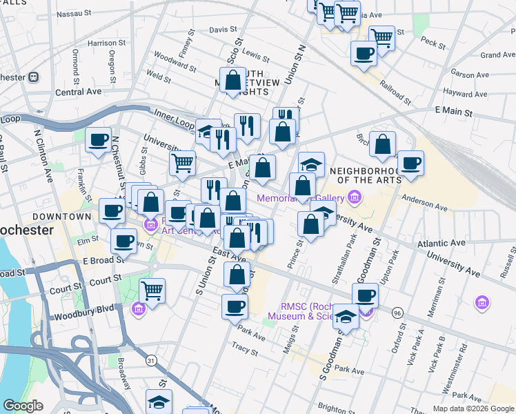 map of restaurants, bars, coffee shops, grocery stores, and more near 365 University Avenue in Rochester