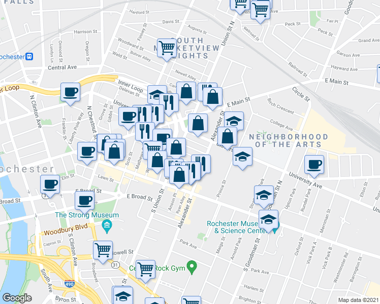 map of restaurants, bars, coffee shops, grocery stores, and more near 68 Union Street in Rochester
