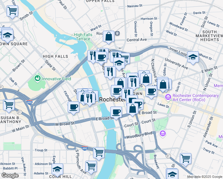 map of restaurants, bars, coffee shops, grocery stores, and more near 61 Mortimer Street in Rochester