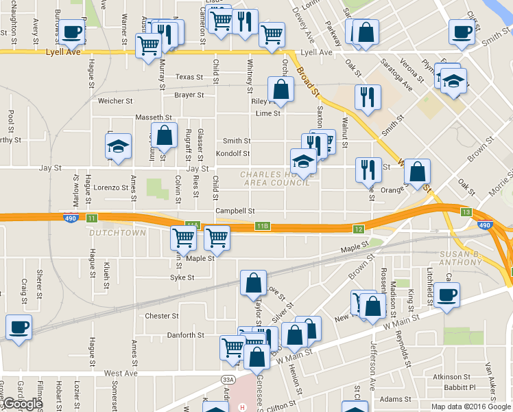 map of restaurants, bars, coffee shops, grocery stores, and more near 77 Whitney Street in Rochester