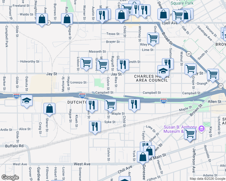 map of restaurants, bars, coffee shops, grocery stores, and more near 26 Ries Street in Rochester