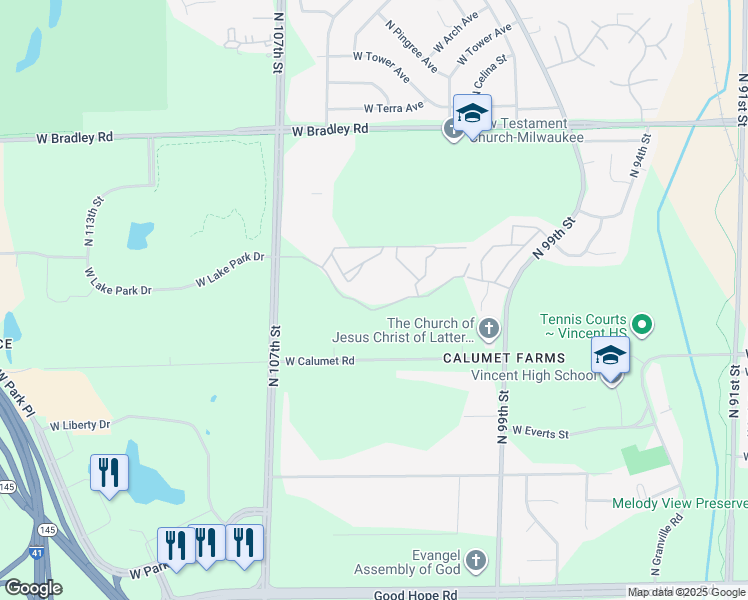 map of restaurants, bars, coffee shops, grocery stores, and more near 10404 West Fountain Avenue in Milwaukee