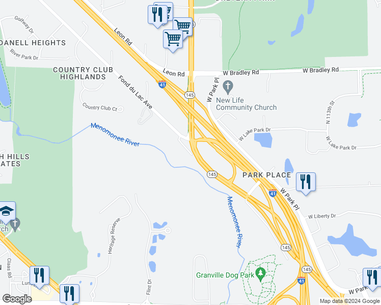 map of restaurants, bars, coffee shops, grocery stores, and more near 12398 West Fond Du Lac Avenue in Menomonee Falls