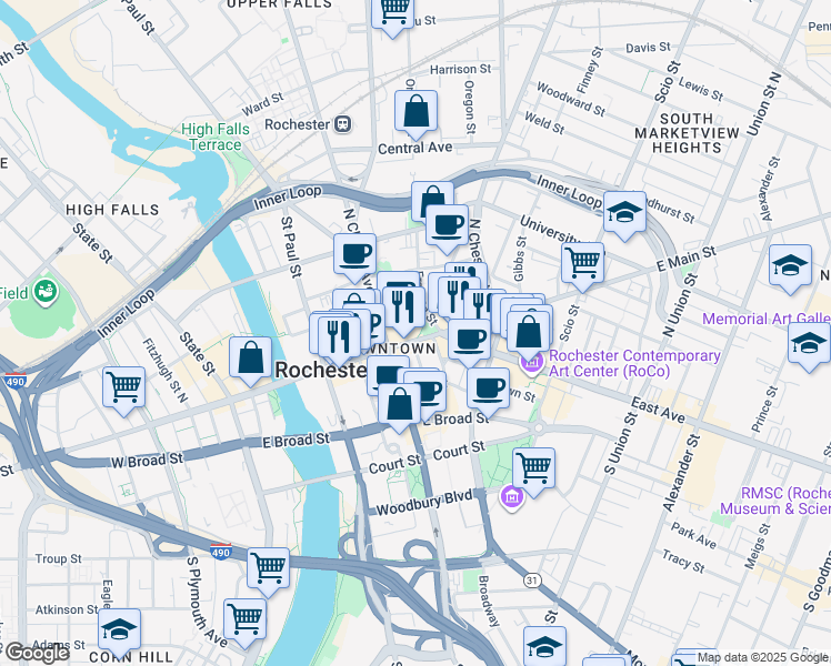 map of restaurants, bars, coffee shops, grocery stores, and more near 260 East Main Street in Rochester