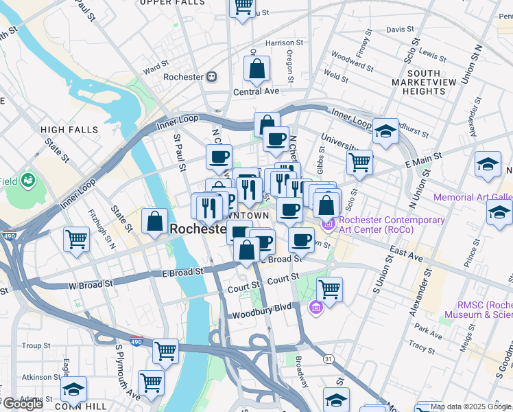 map of restaurants, bars, coffee shops, grocery stores, and more near 260 East Main Street in Rochester