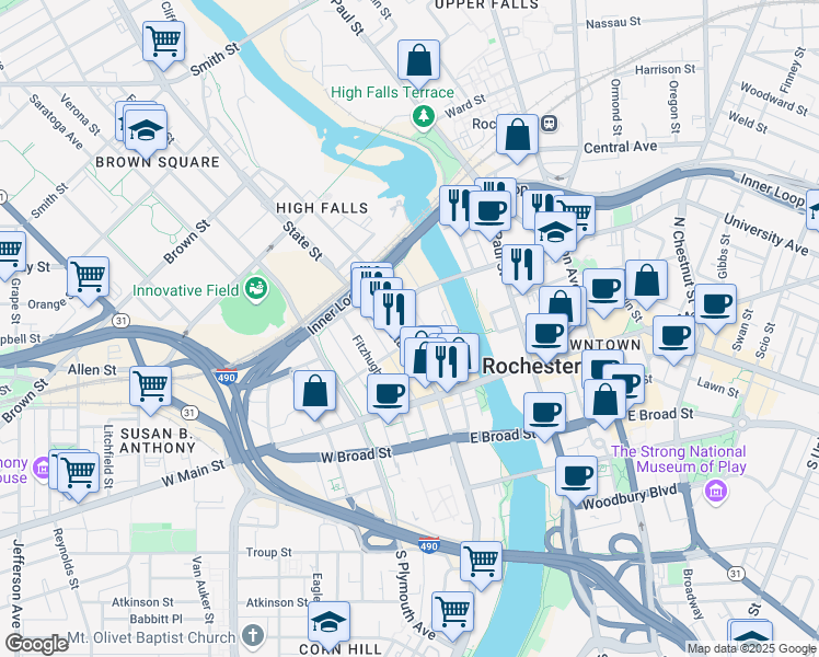 map of restaurants, bars, coffee shops, grocery stores, and more near 100 State Street in Rochester