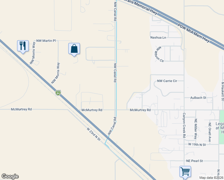 map of restaurants, bars, coffee shops, grocery stores, and more near 3463 Northwest Canal Road in Mountain Home