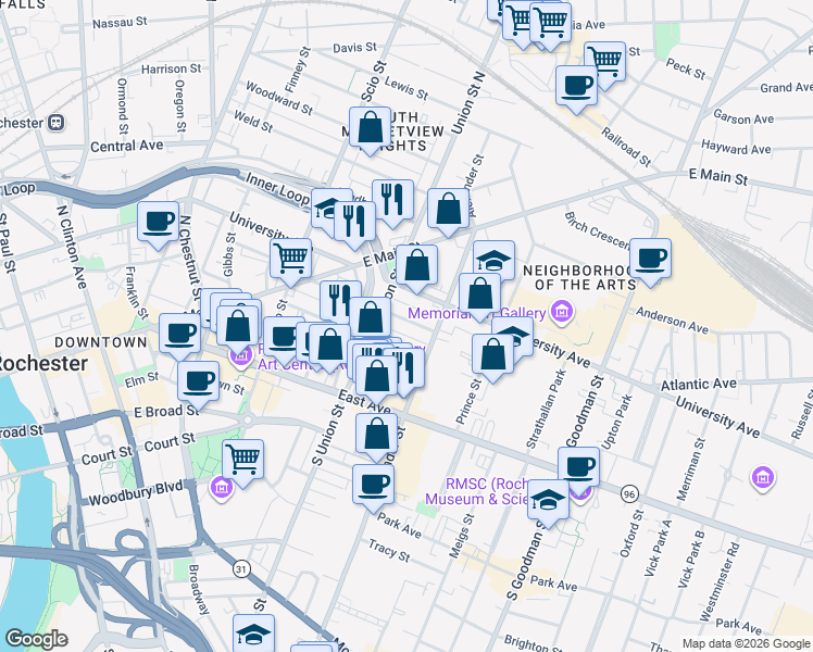map of restaurants, bars, coffee shops, grocery stores, and more near 83 Richmond Street in Rochester