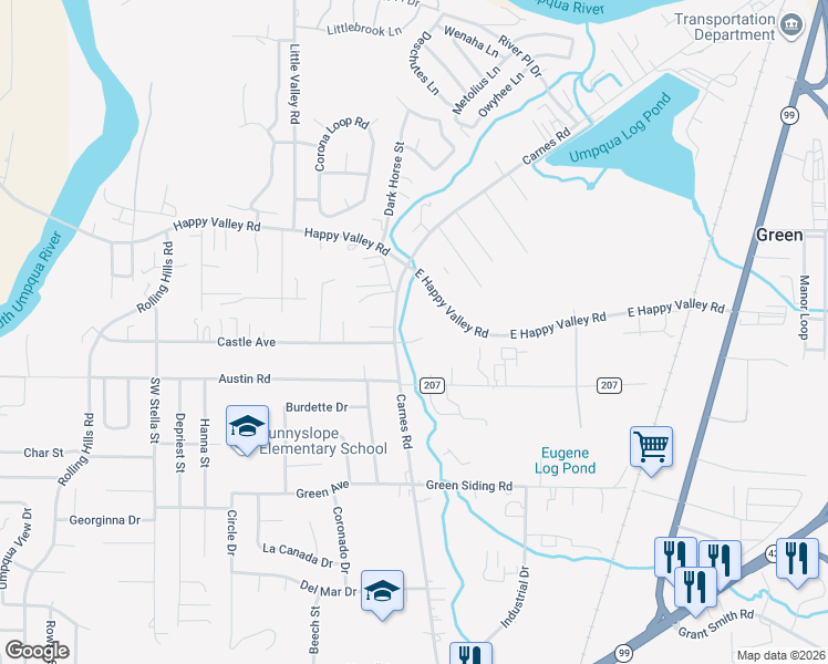 map of restaurants, bars, coffee shops, grocery stores, and more near 3905 Carnes Road in Roseburg