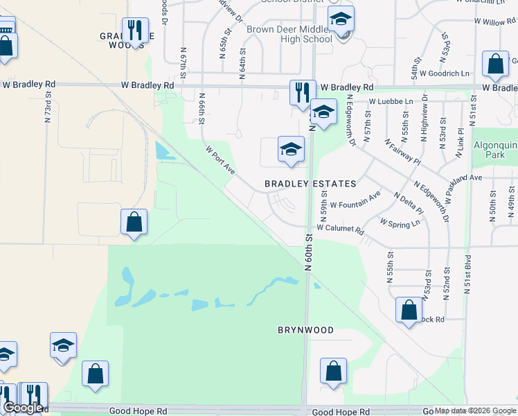 map of restaurants, bars, coffee shops, grocery stores, and more near 6221 West Port Avenue in Milwaukee