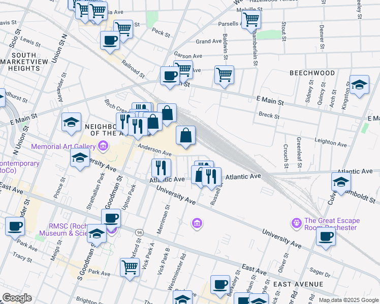 map of restaurants, bars, coffee shops, grocery stores, and more near 376 Goodman Street North in Rochester