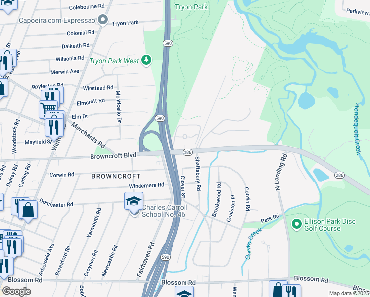 map of restaurants, bars, coffee shops, grocery stores, and more near 362 Browncroft Boulevard in Rochester