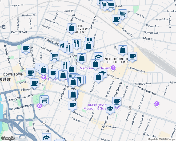 map of restaurants, bars, coffee shops, grocery stores, and more near 365 University Avenue in Rochester