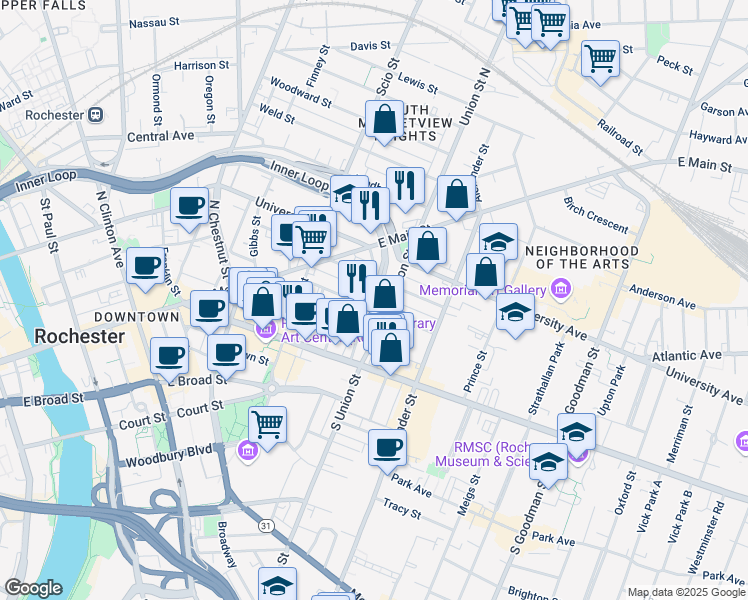 map of restaurants, bars, coffee shops, grocery stores, and more near 47 Richmond Street in Rochester