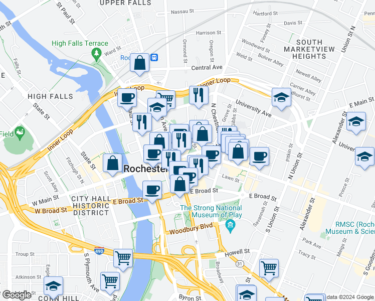 map of restaurants, bars, coffee shops, grocery stores, and more near 250 East Main Street in Rochester