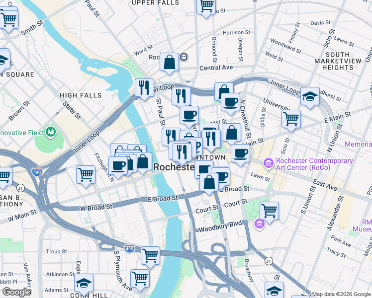 map of restaurants, bars, coffee shops, grocery stores, and more near in Rochester