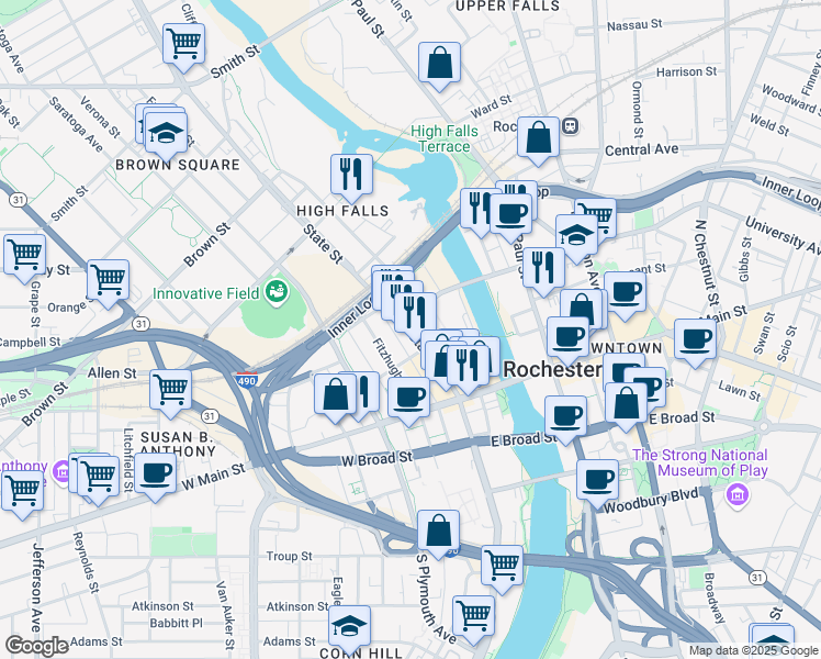 map of restaurants, bars, coffee shops, grocery stores, and more near 120 State Street in Rochester