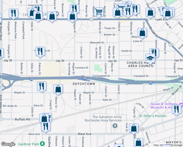 map of restaurants, bars, coffee shops, grocery stores, and more near 562 Campbell Street in Rochester