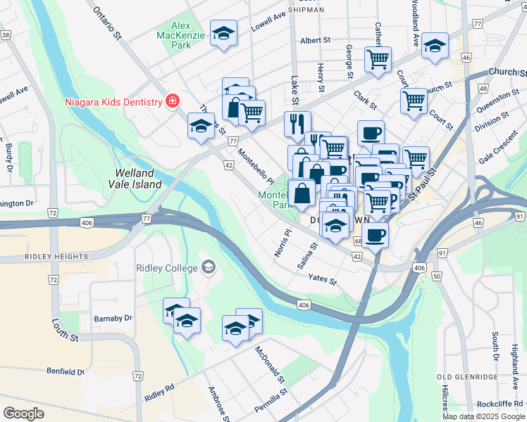 map of restaurants, bars, coffee shops, grocery stores, and more near 137 Ontario Street in St. Catharines