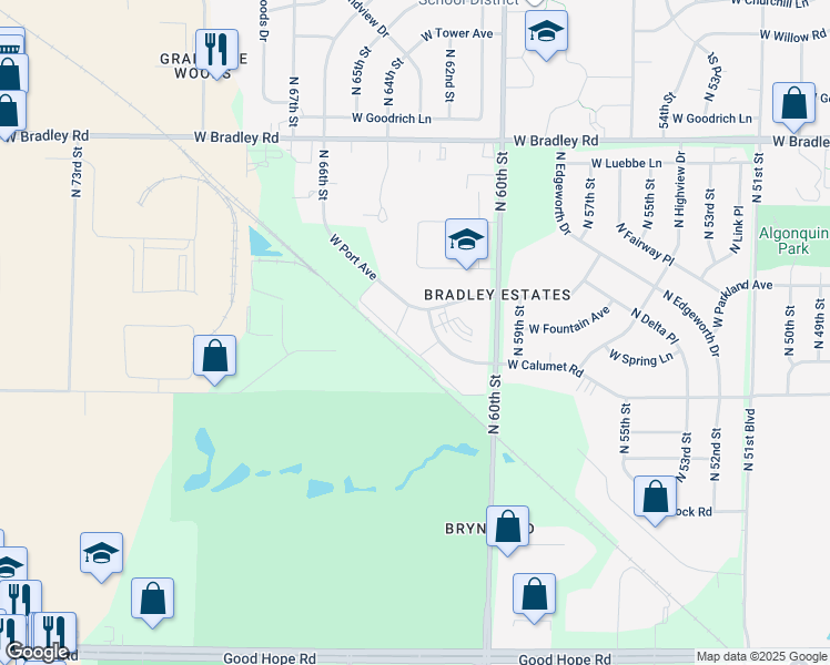 map of restaurants, bars, coffee shops, grocery stores, and more near 6221 West Port Avenue in Milwaukee