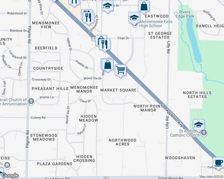 map of restaurants, bars, coffee shops, grocery stores, and more near N76W14545 Market Dr in Menomonee Falls