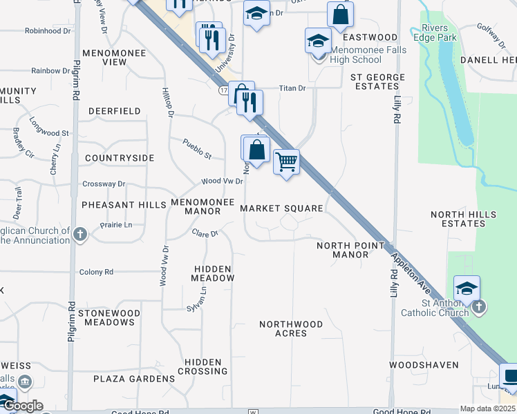map of restaurants, bars, coffee shops, grocery stores, and more near N76W14545 Market Dr in Menomonee Falls