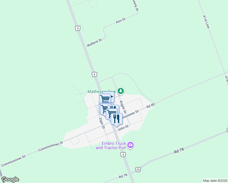 map of restaurants, bars, coffee shops, grocery stores, and more near 155 Argyle Street in Embro