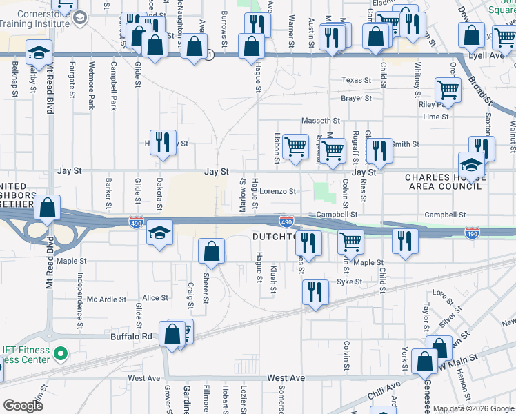 map of restaurants, bars, coffee shops, grocery stores, and more near 372 Hague Street in Rochester