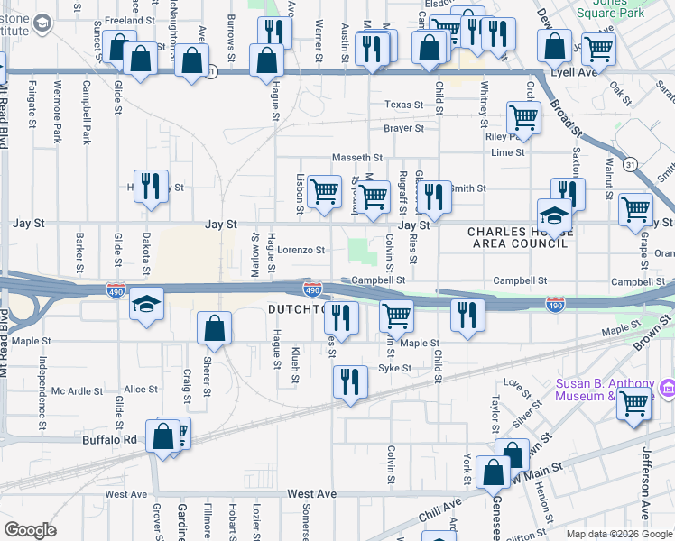 map of restaurants, bars, coffee shops, grocery stores, and more near 562 Campbell Street in Rochester