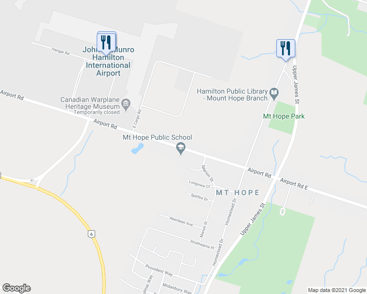 map of restaurants, bars, coffee shops, grocery stores, and more near 9152 Airport Road in Hamilton