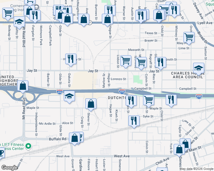 map of restaurants, bars, coffee shops, grocery stores, and more near 11 Marlow Street in Rochester