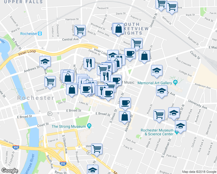 map of restaurants, bars, coffee shops, grocery stores, and more near 45 Charlotte Street in Rochester