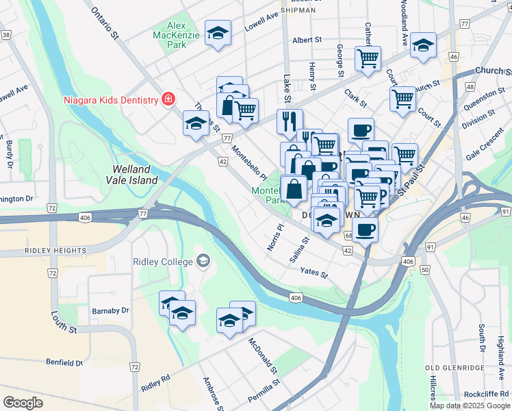 map of restaurants, bars, coffee shops, grocery stores, and more near 137 Ontario Street in Saint Catharines