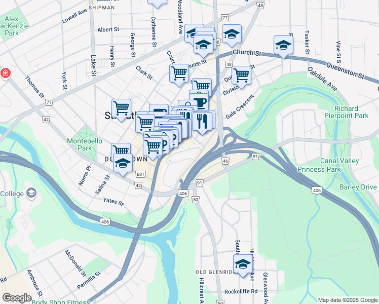 map of restaurants, bars, coffee shops, grocery stores, and more near 15 Artists' Common in St. Catharines