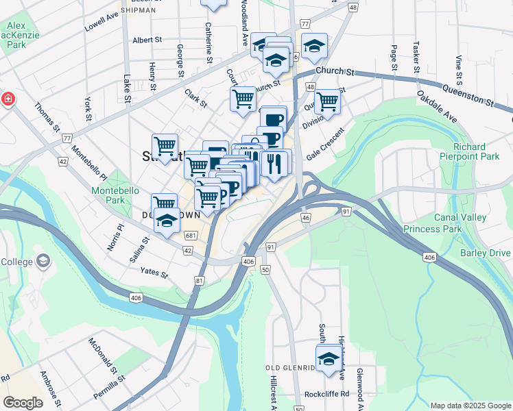 map of restaurants, bars, coffee shops, grocery stores, and more near 15 Artists' Common in St. Catharines