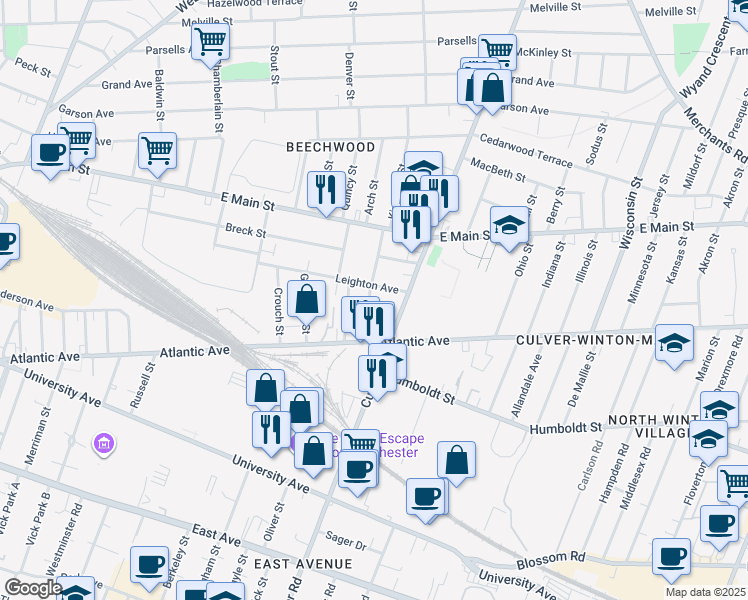 map of restaurants, bars, coffee shops, grocery stores, and more near 205 Leighton Avenue in Rochester