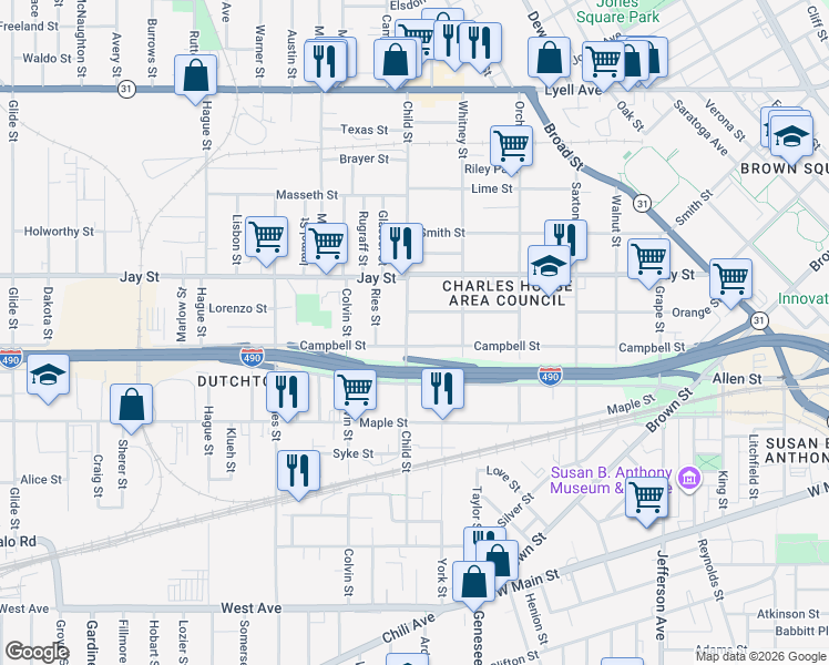 map of restaurants, bars, coffee shops, grocery stores, and more near 304 Child Street in Rochester