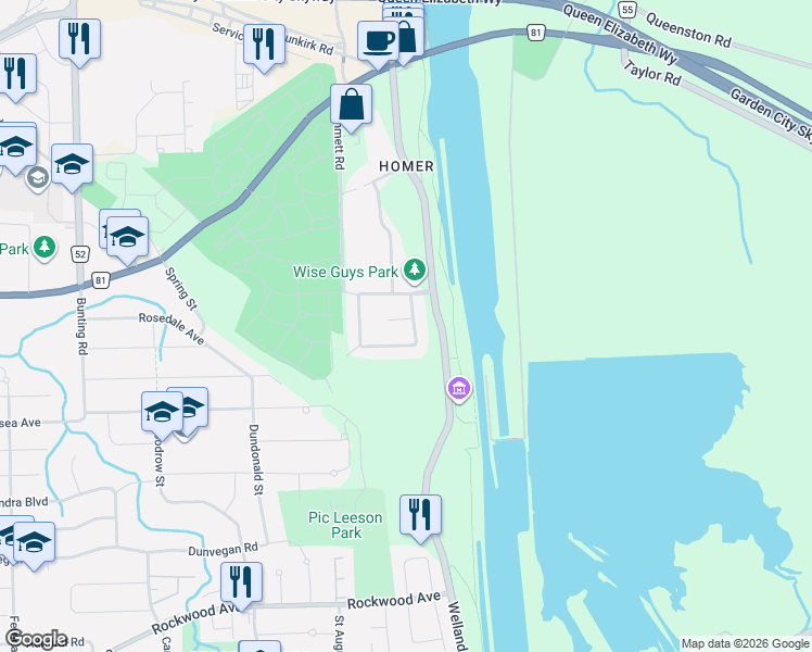 map of restaurants, bars, coffee shops, grocery stores, and more near 7 Alex Grant Place in St. Catharines