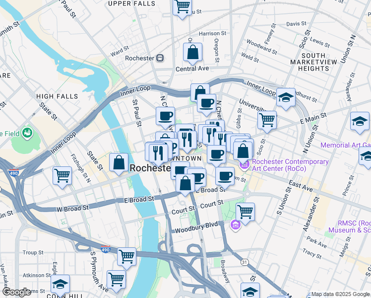 map of restaurants, bars, coffee shops, grocery stores, and more near 250 East Main Street in Rochester