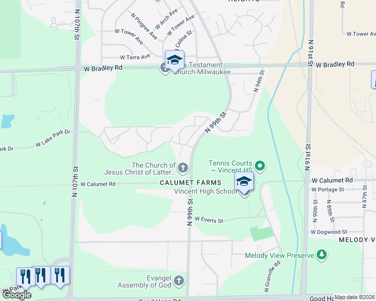 map of restaurants, bars, coffee shops, grocery stores, and more near 9911 West Fountain Avenue in Milwaukee