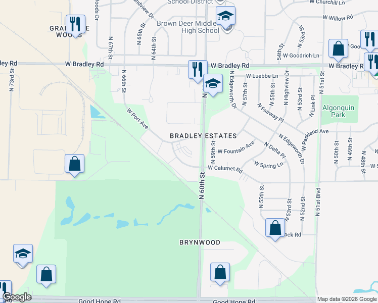 map of restaurants, bars, coffee shops, grocery stores, and more near 6011 West Port Avenue in Milwaukee