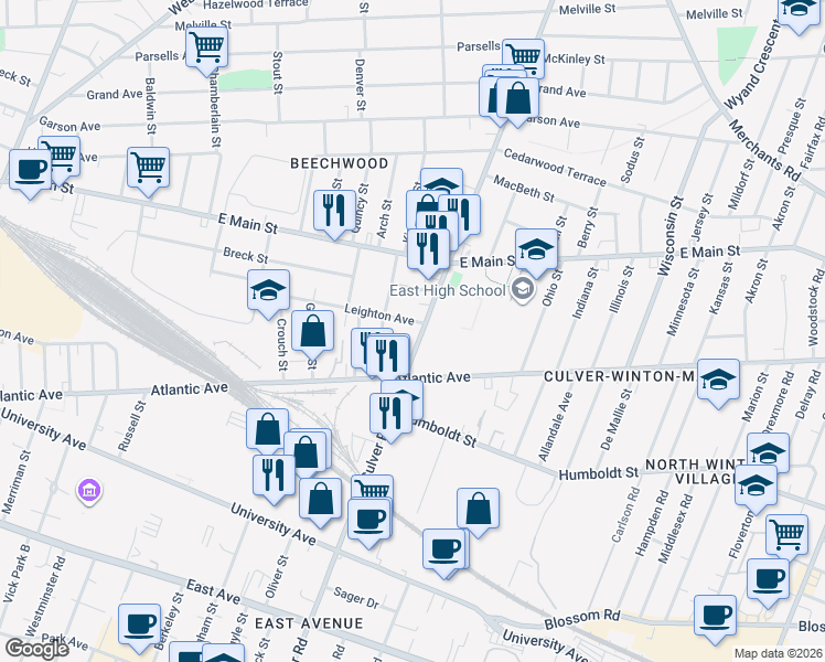 map of restaurants, bars, coffee shops, grocery stores, and more near 205 Leighton Avenue in Rochester