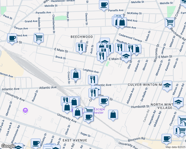 map of restaurants, bars, coffee shops, grocery stores, and more near 205 Leighton Avenue in Rochester